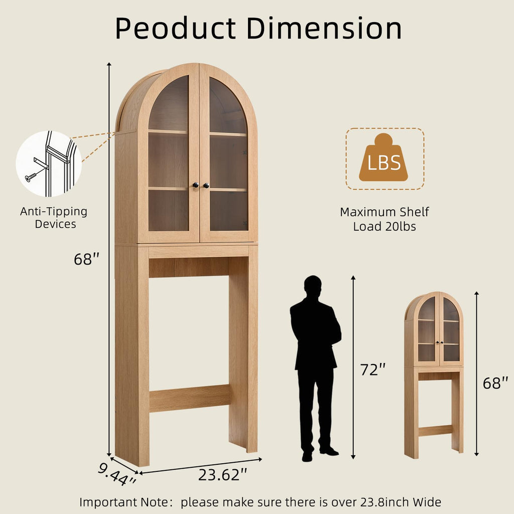 Arched Over The Toilet Storage Cabinet with Glass Doors, Natural Oak E43664