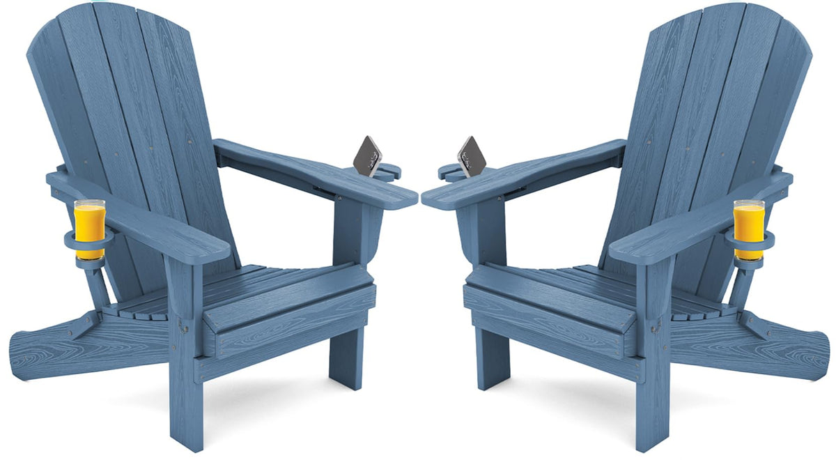 Blue Foldable Adirondack Chair Set of 2 with Cup Holders G676