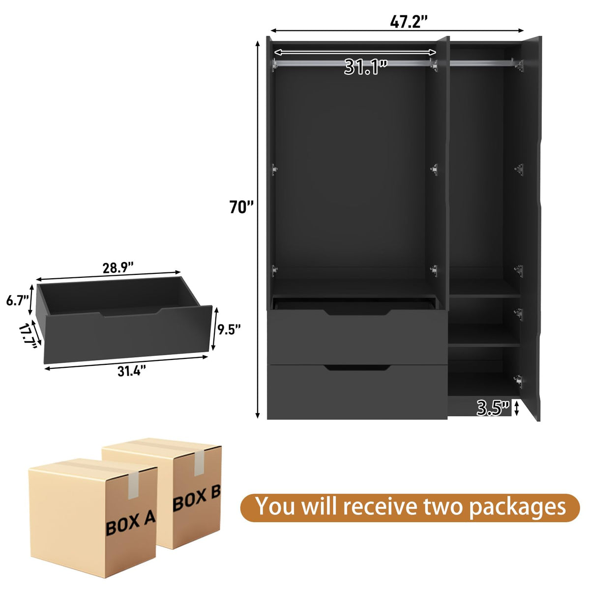3 Doors Armoire Wardrobe Closet with Mirror, 2 Drawers, LED Light, Hanging Rod, Black T63186