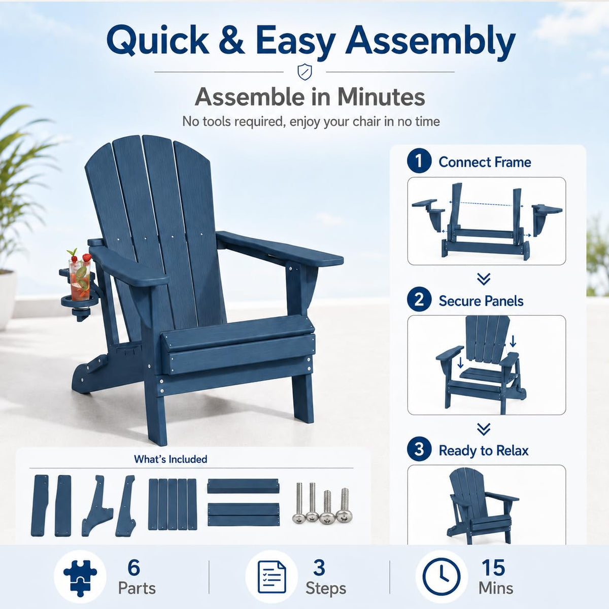 Folding Adirondack Chairs Set of 4 with Cup Holders, Heavy-Duty HDPE Plastic, Navy Blue X40522