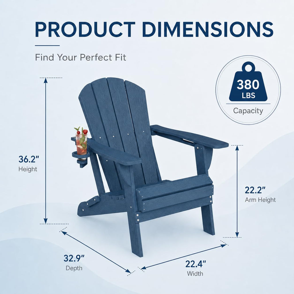 Folding Adirondack Chairs Set of 4 with Cup Holders, Heavy-Duty HDPE Plastic, Navy Blue X40522