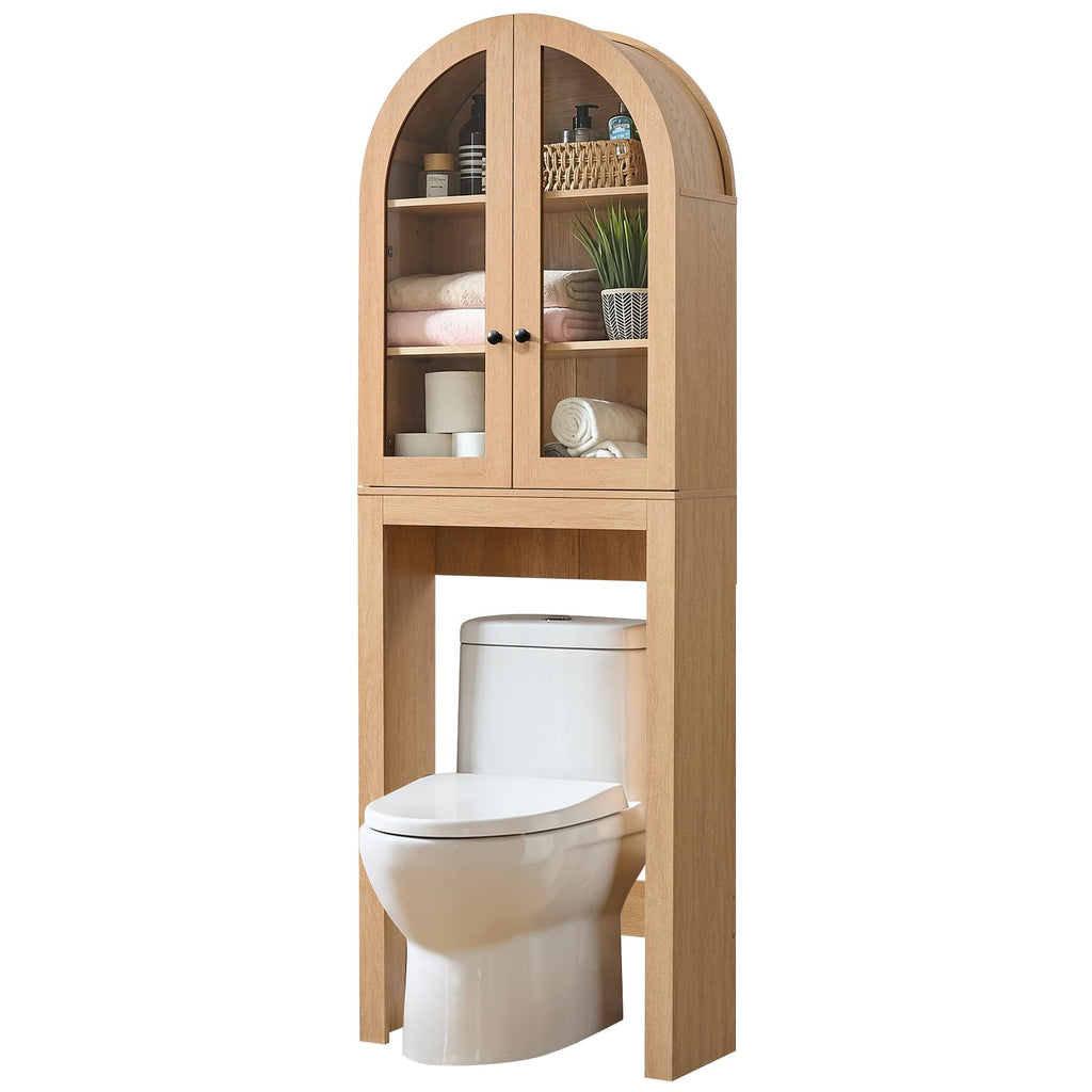 Arched Over The Toilet Storage Cabinet with Glass Doors, Natural Oak E43664