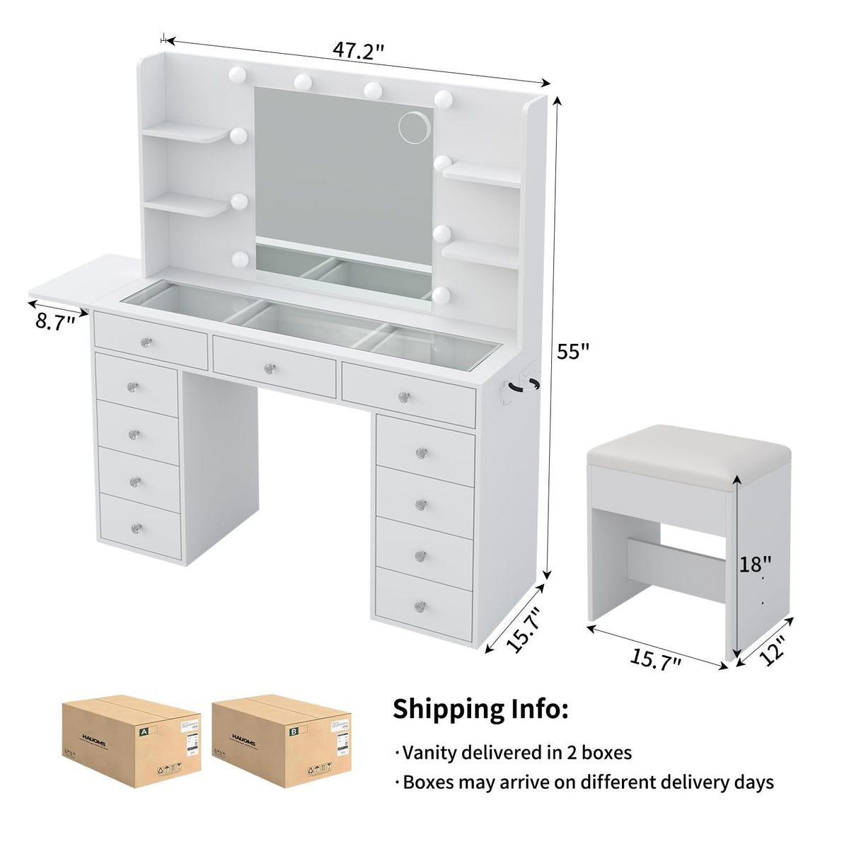 Vanity Desk with Mirror and 12 LED Lights, 11 Drawers & 4 Shelves P860501