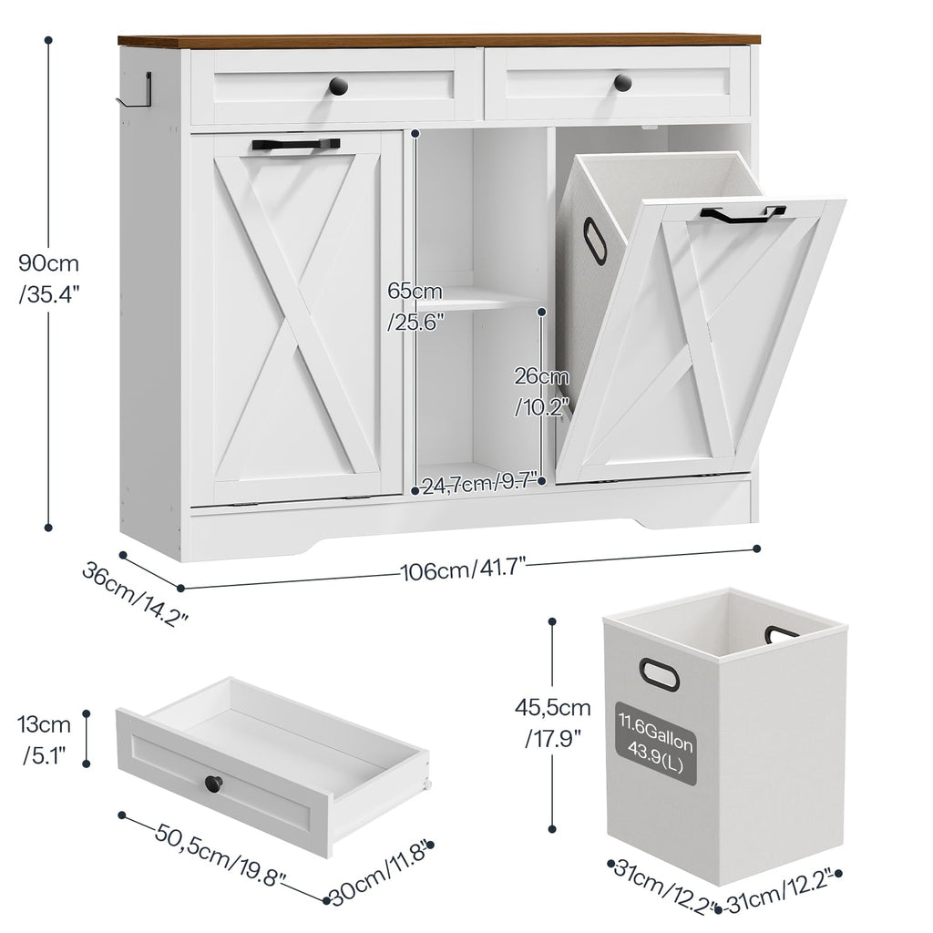 White and Walnut 23 Gallon Laundry Hamper Cabinet with 2 Drawers O12173