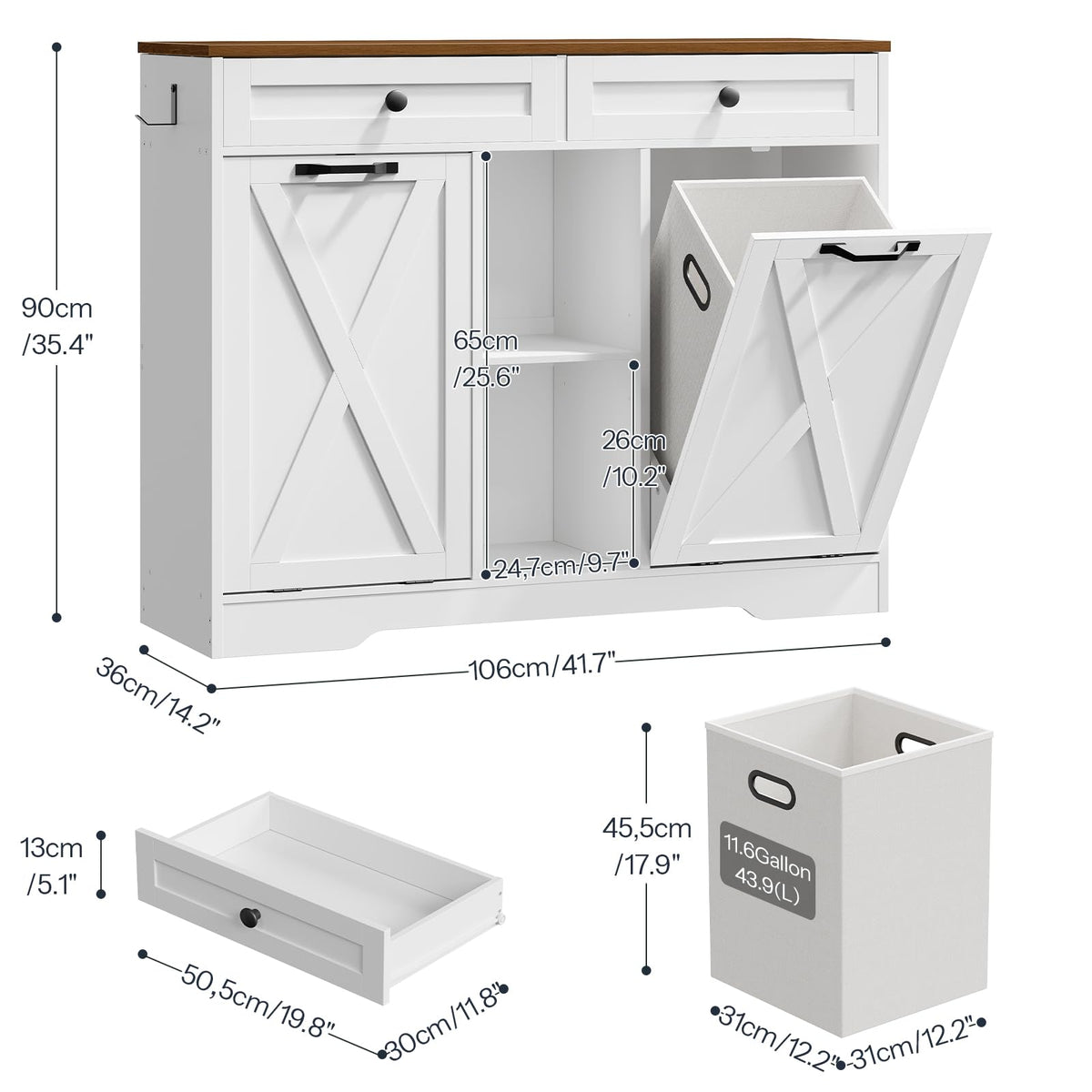 White and Walnut 23 Gallon Laundry Hamper Cabinet with 2 Drawers O12173