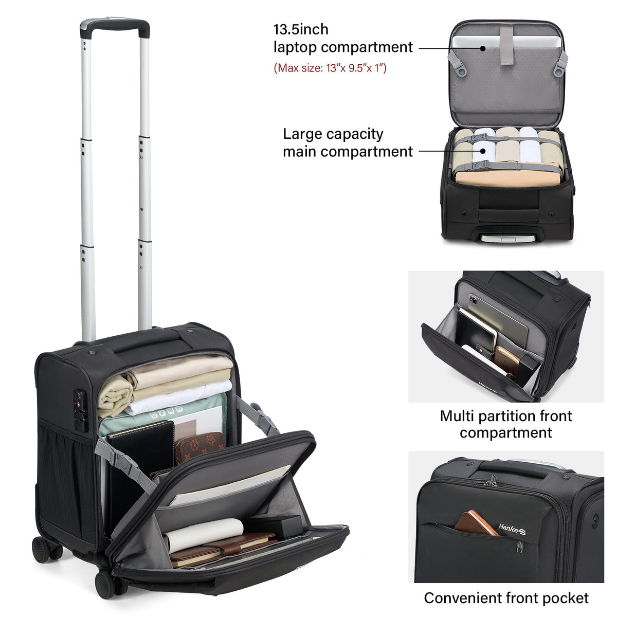 16 Inch Underseat Carry On Luggage with Wheels Dark Gray Z5600