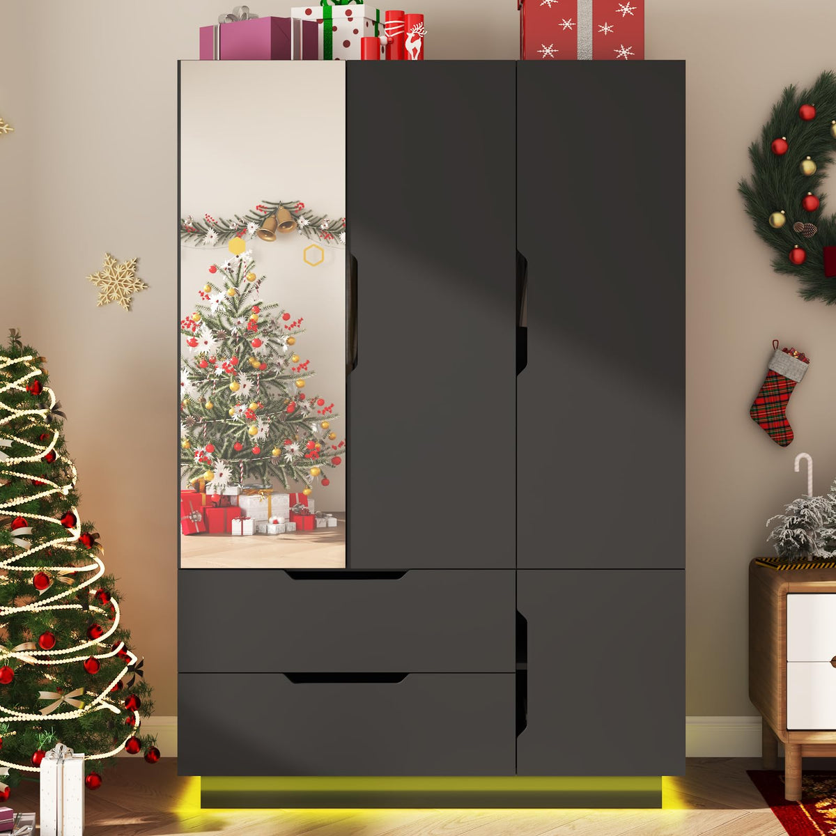 3 Doors Armoire Wardrobe Closet with Mirror, 2 Drawers, LED Light, Hanging Rod, Black T63186
