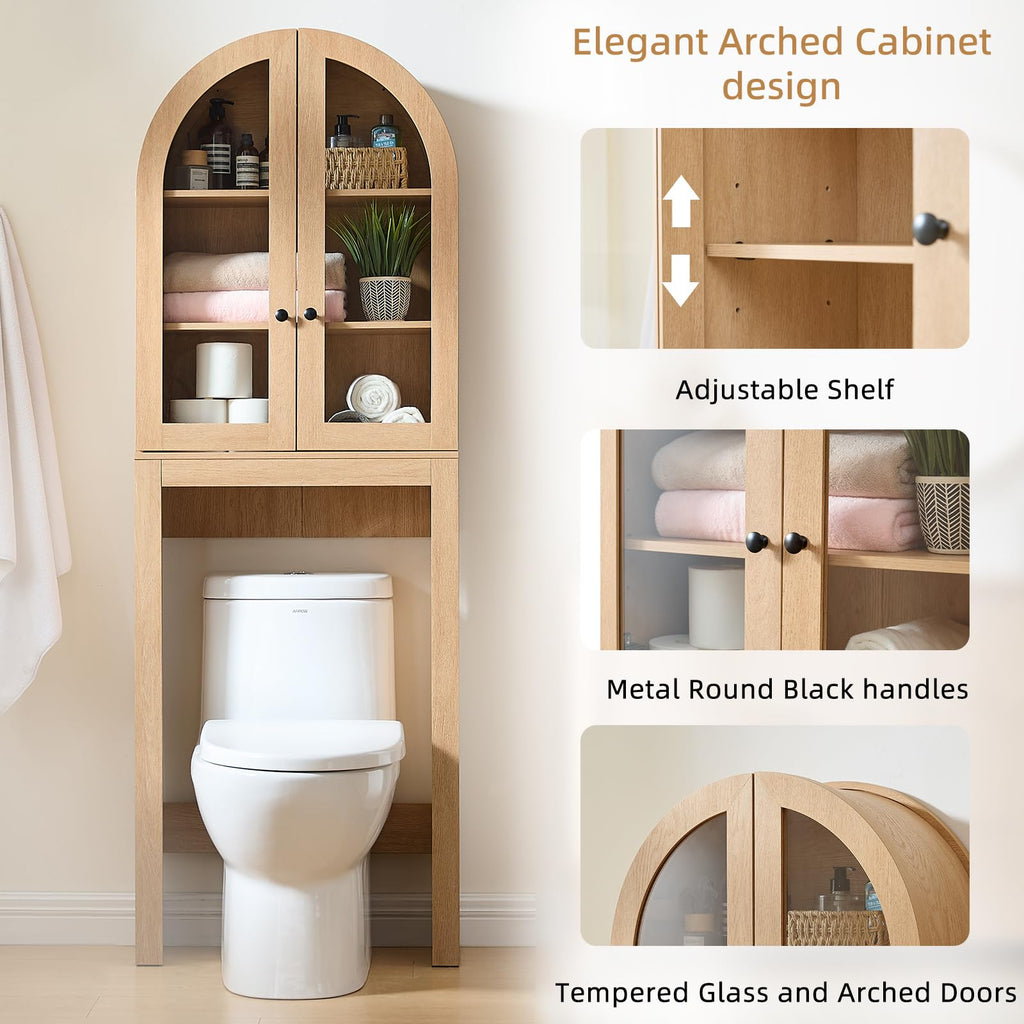 Arched Over The Toilet Storage Cabinet with Glass Doors, Natural Oak E43664