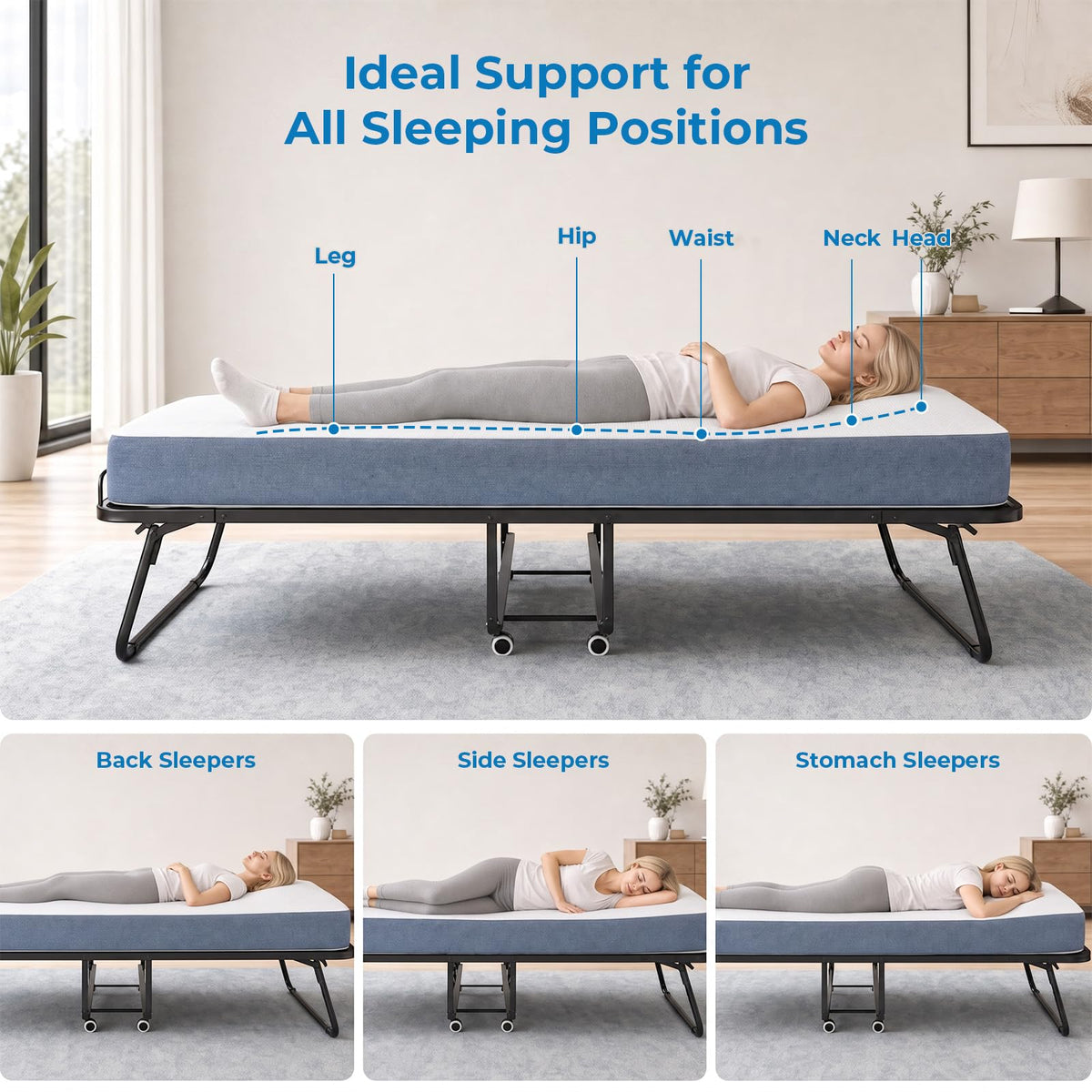 Folding Bed with 5" Foam Mattress Queen Size Metal Frame Y44022