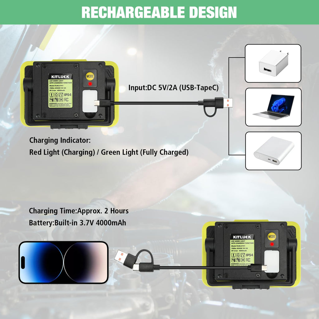 LED Work Light, Rechargeable, 700 LM Magnetic Portable Flood Light with Adjustable Stand, IP54 Waterproof, 3 Lighting Modes with Emergency SOS, 1Pack Y90678