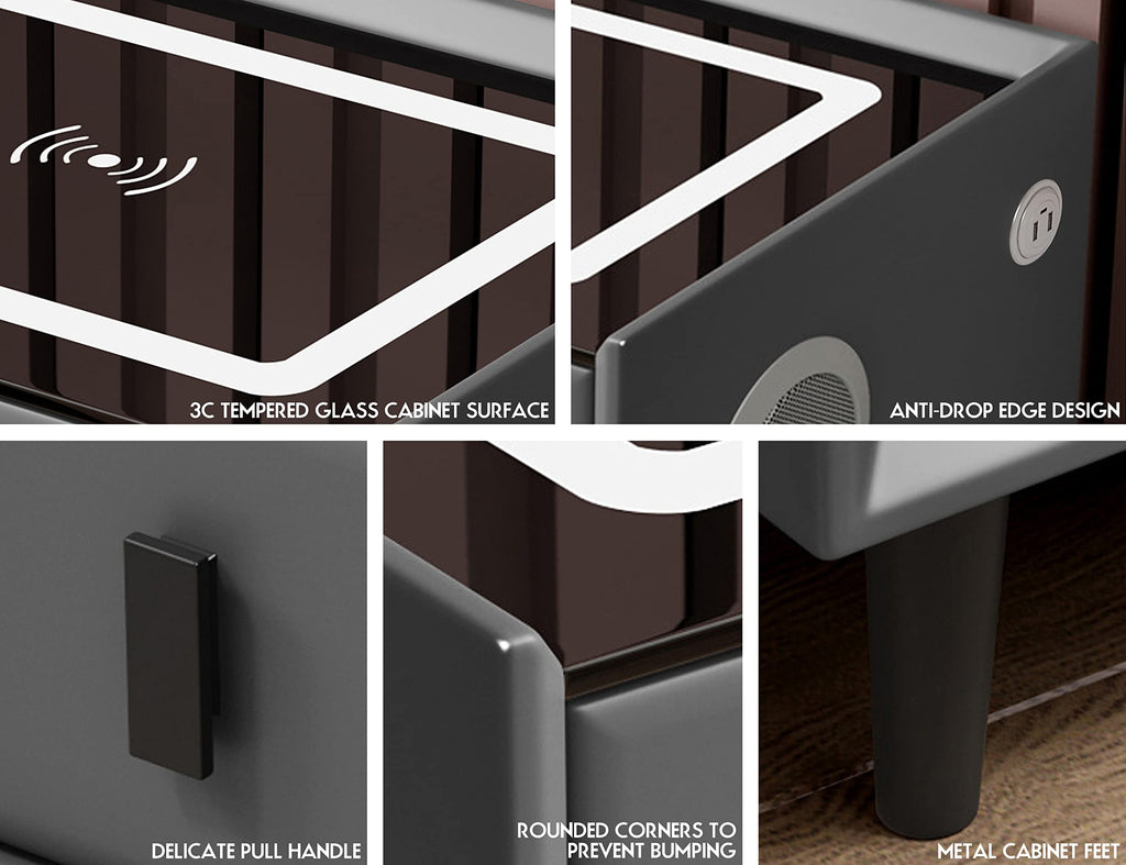Grey Three Drawers Nightstand with Fingerprint Lock and Wireless Charging E54195