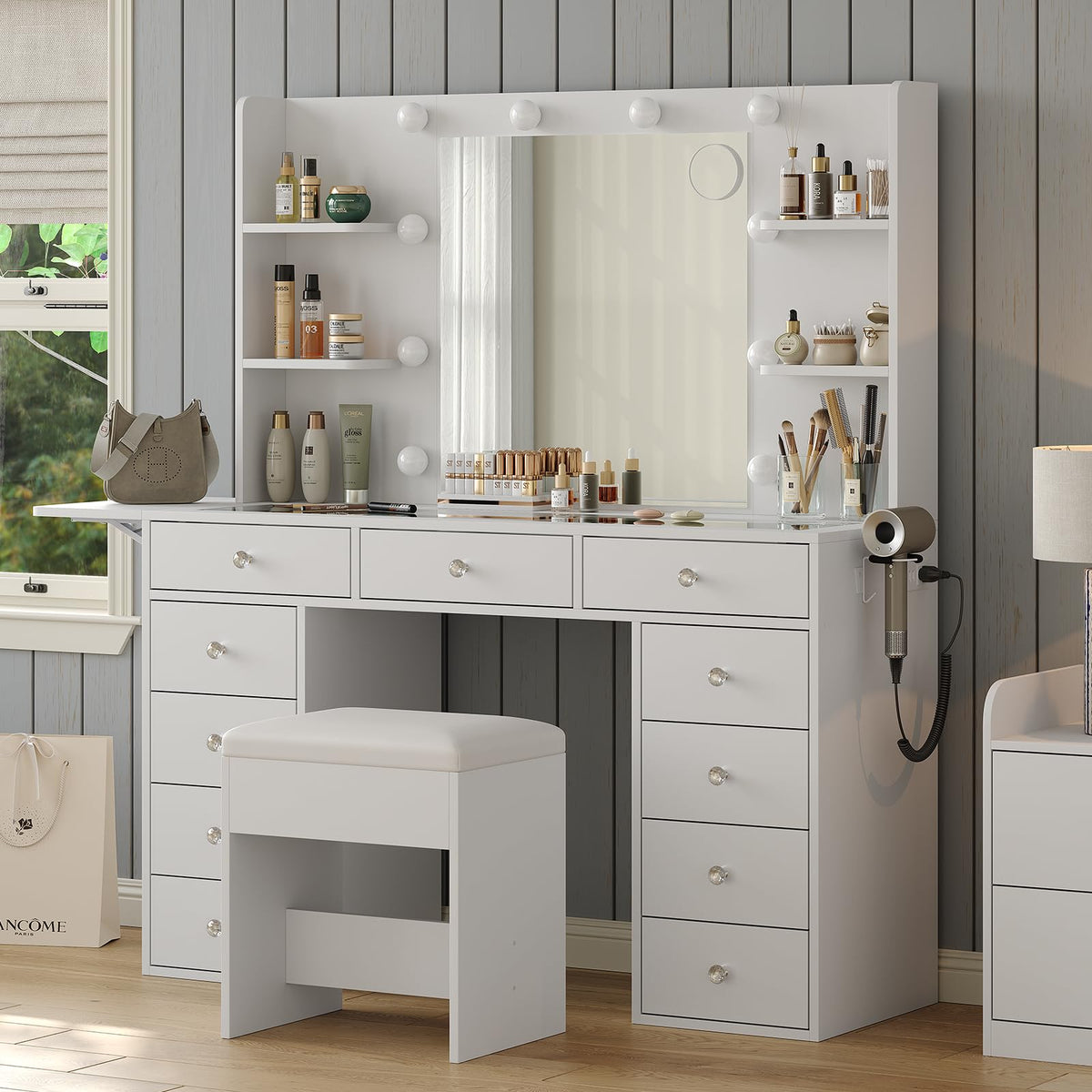 Vanity Desk with Mirror and 12 LED Lights, 11 Drawers & 4 Shelves P860501