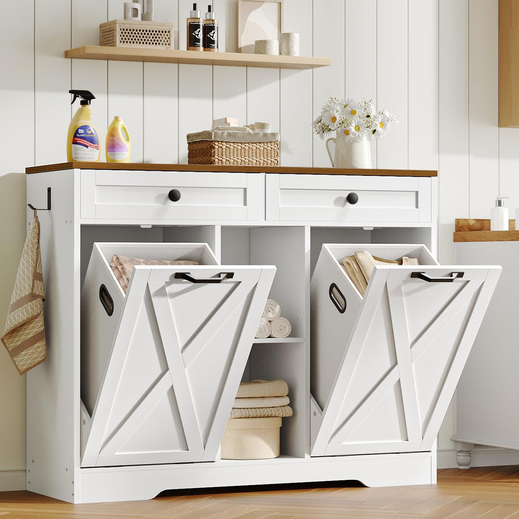 White and Walnut 23 Gallon Laundry Hamper Cabinet with 2 Drawers O12173