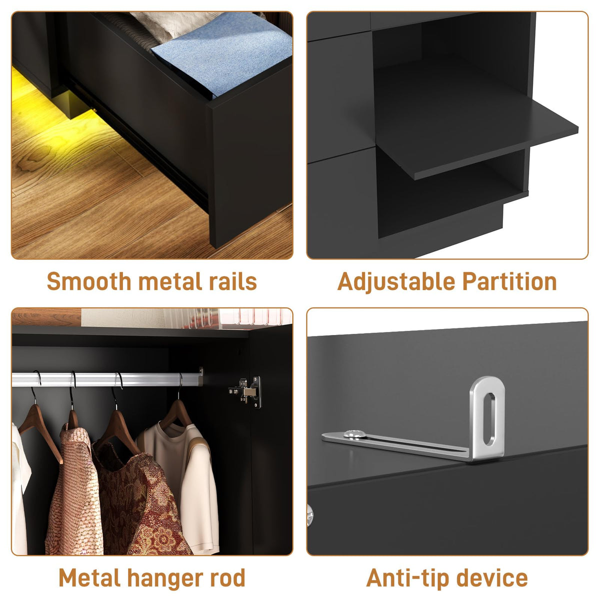 3 Doors Armoire Wardrobe Closet with Mirror, 2 Drawers, LED Light, Hanging Rod, Black T63186
