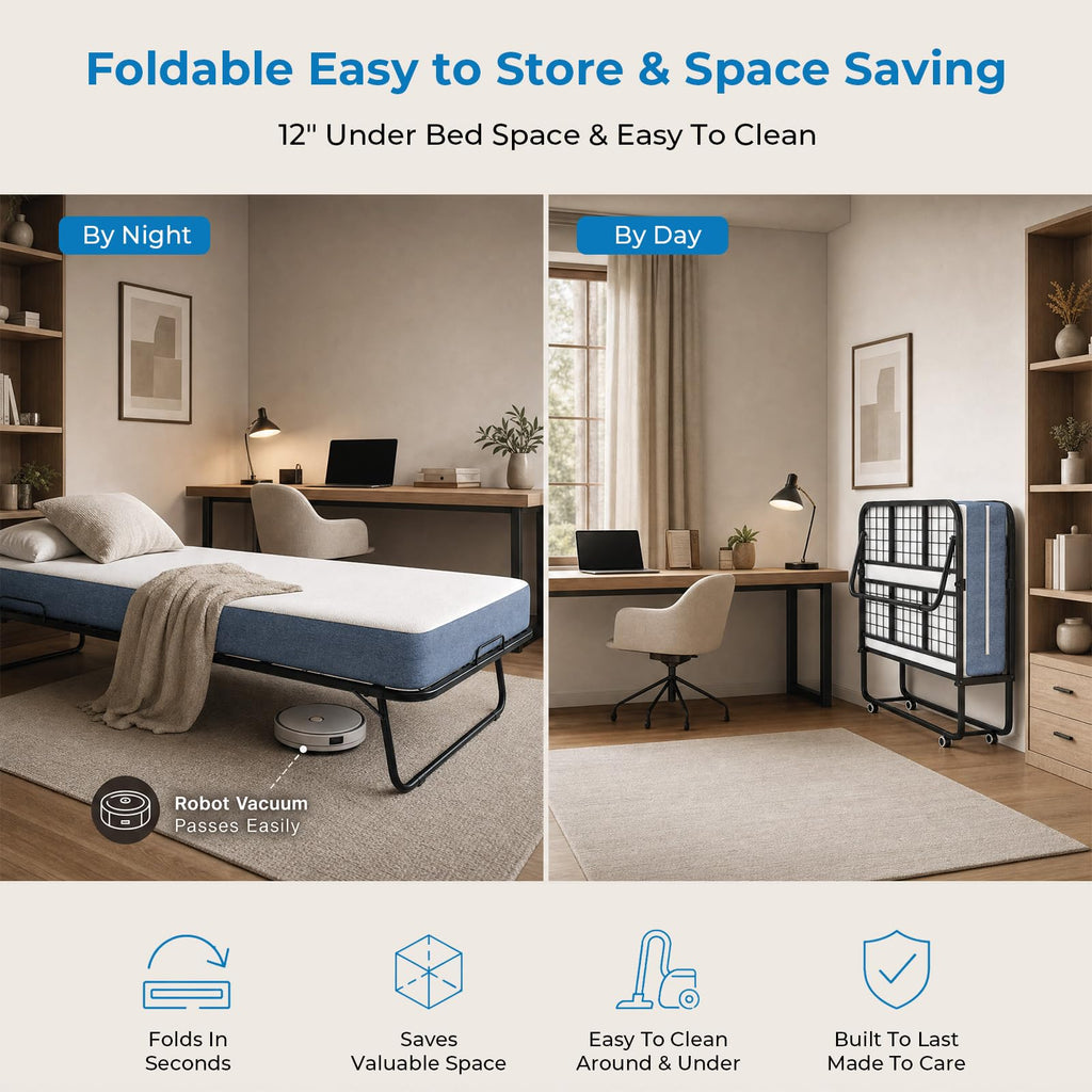Folding Bed with 5" Foam Mattress Queen Size Metal Frame Y44022