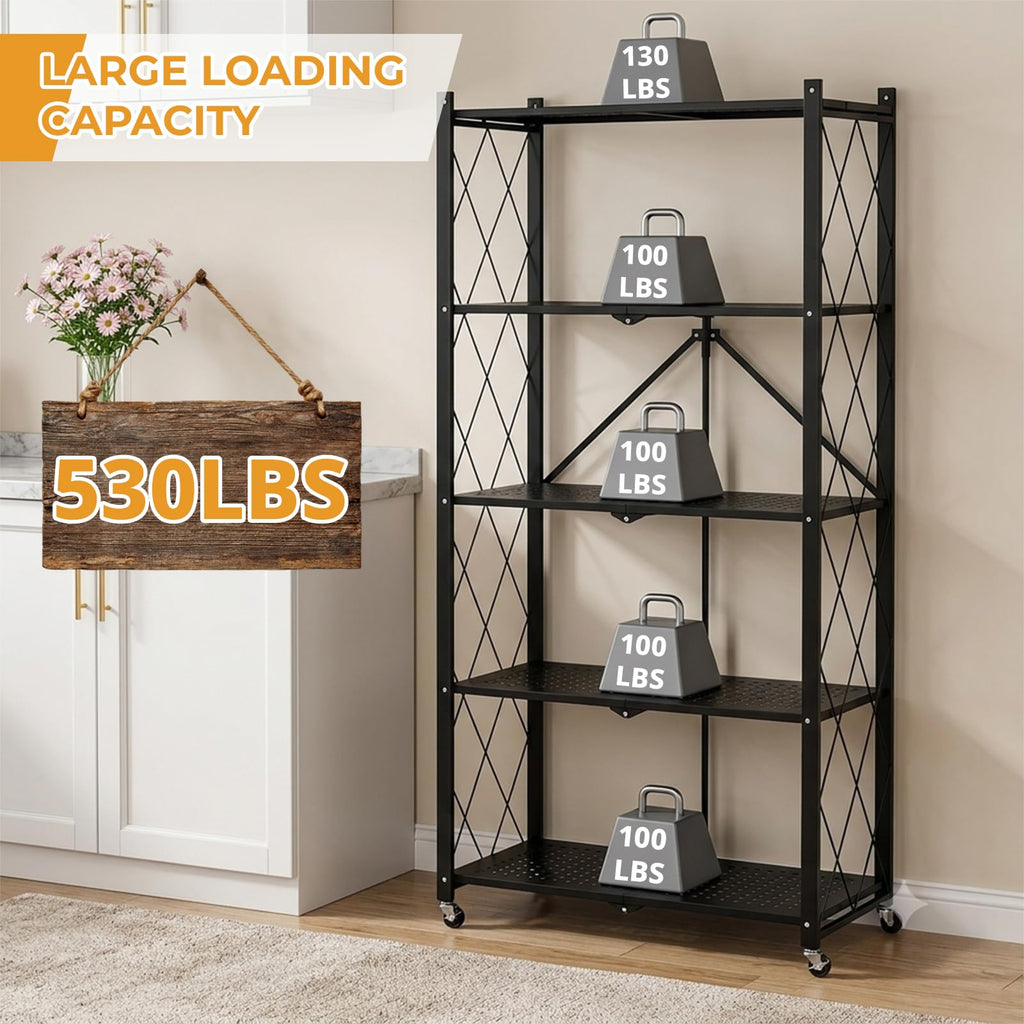 5 Tier Foldable Metal Storage Shelf with Wheels M4656