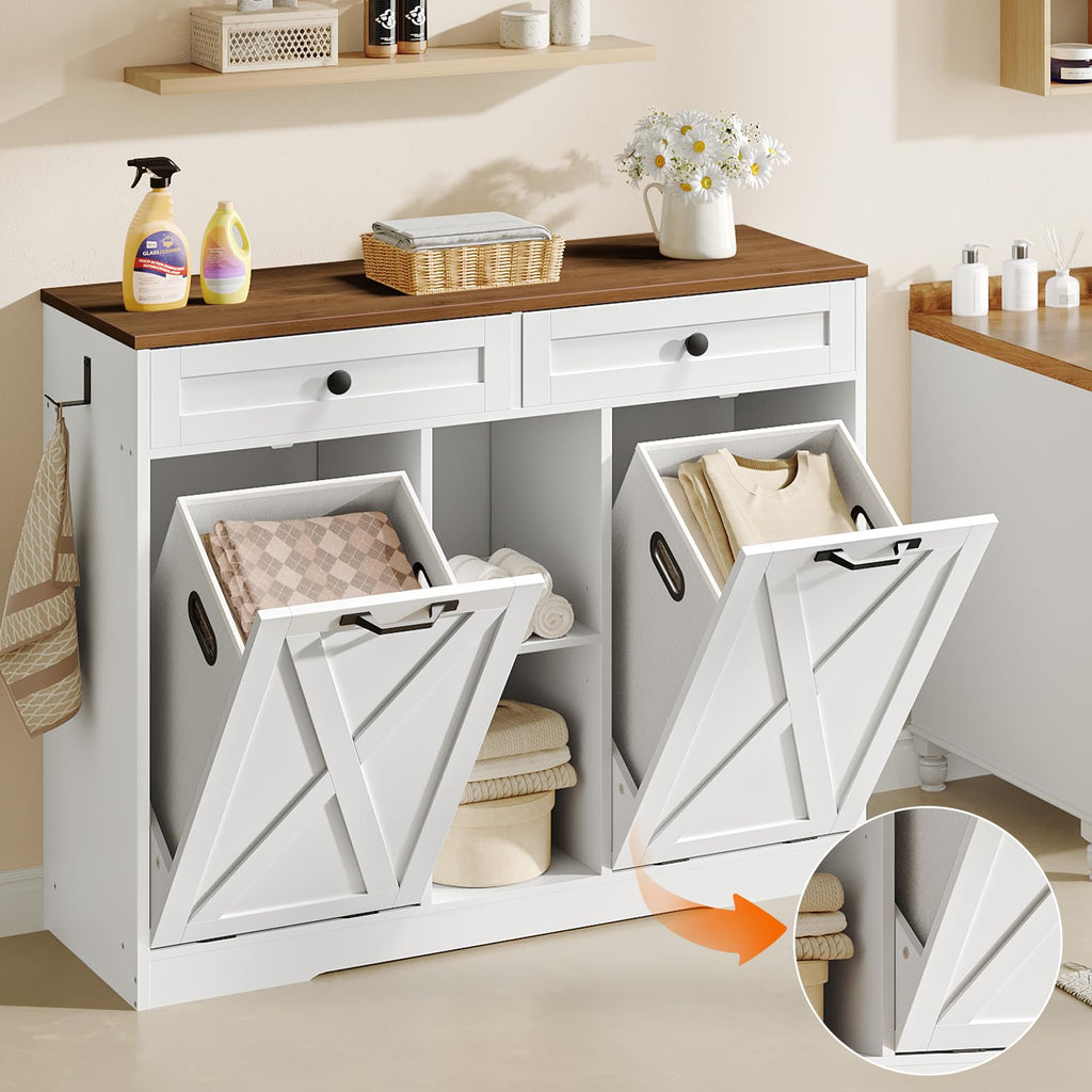 White and Walnut 23 Gallon Laundry Hamper Cabinet with 2 Drawers O12173