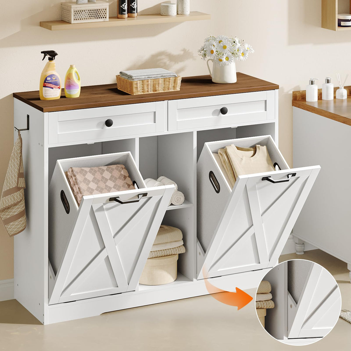 White and Walnut 23 Gallon Laundry Hamper Cabinet with 2 Drawers O12173