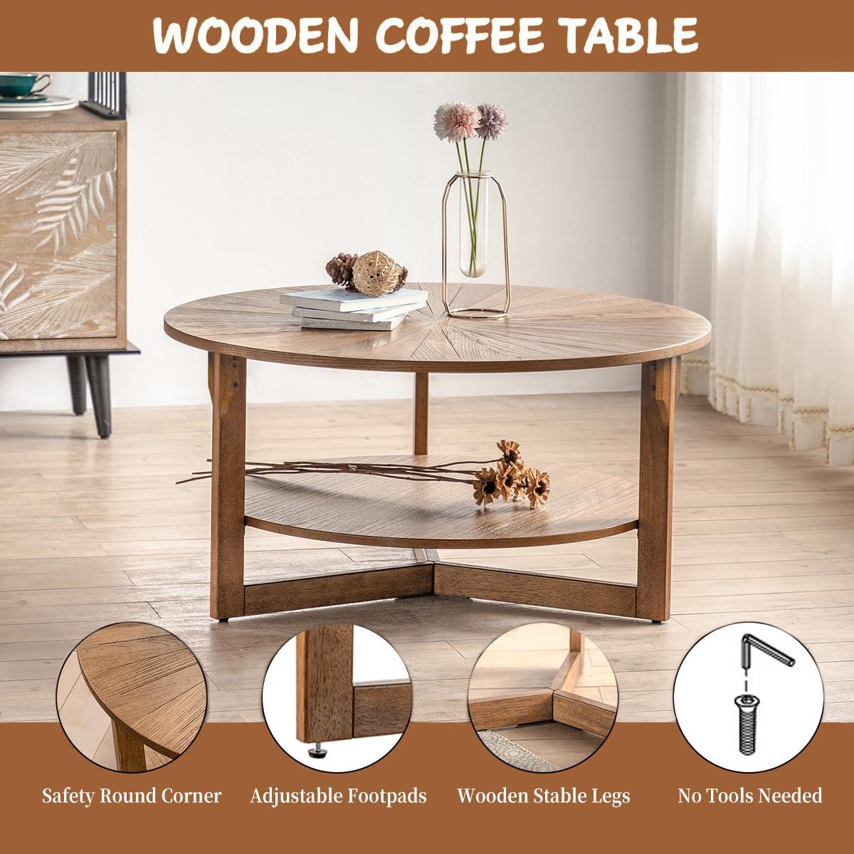 35" Round 2 Tier Wood Coffee Table with Storage Shelf C71124