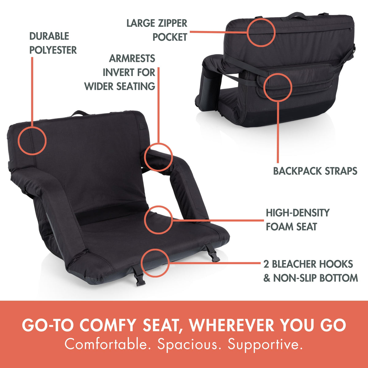 Portable Reclining Stadium Seat with Back Support, Black O32580