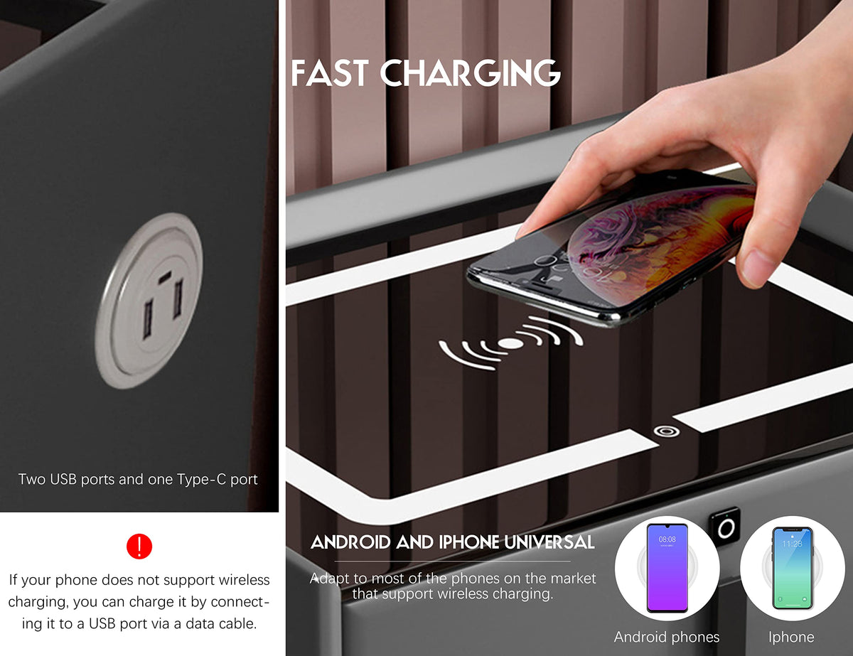 Grey Three Drawers Nightstand with Fingerprint Lock and Wireless Charging E54195