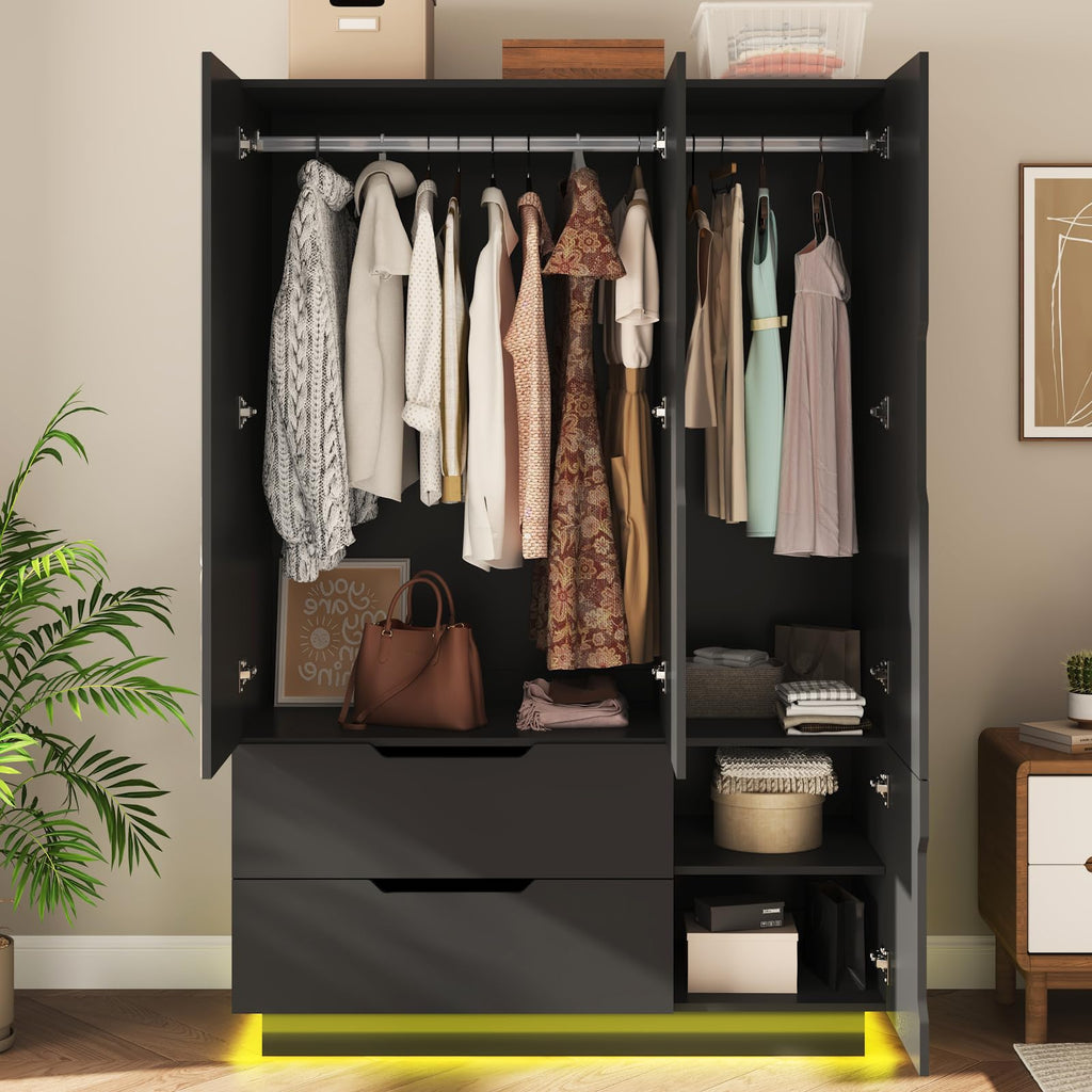 3 Doors Armoire Wardrobe Closet with Mirror, 2 Drawers, LED Light, Hanging Rod, Black T63186