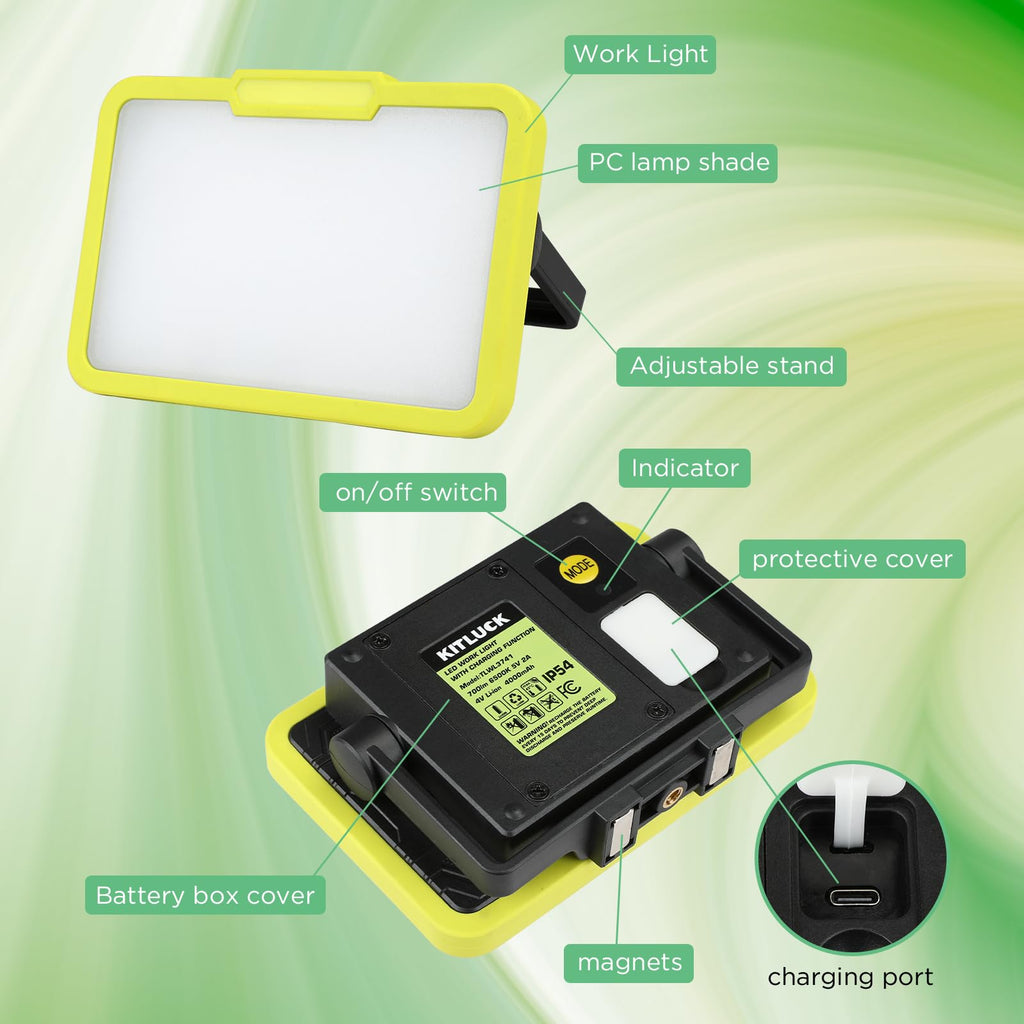 LED Work Light, Rechargeable, 700 LM Magnetic Portable Flood Light with Adjustable Stand, IP54 Waterproof, 3 Lighting Modes with Emergency SOS, 1Pack Y90678