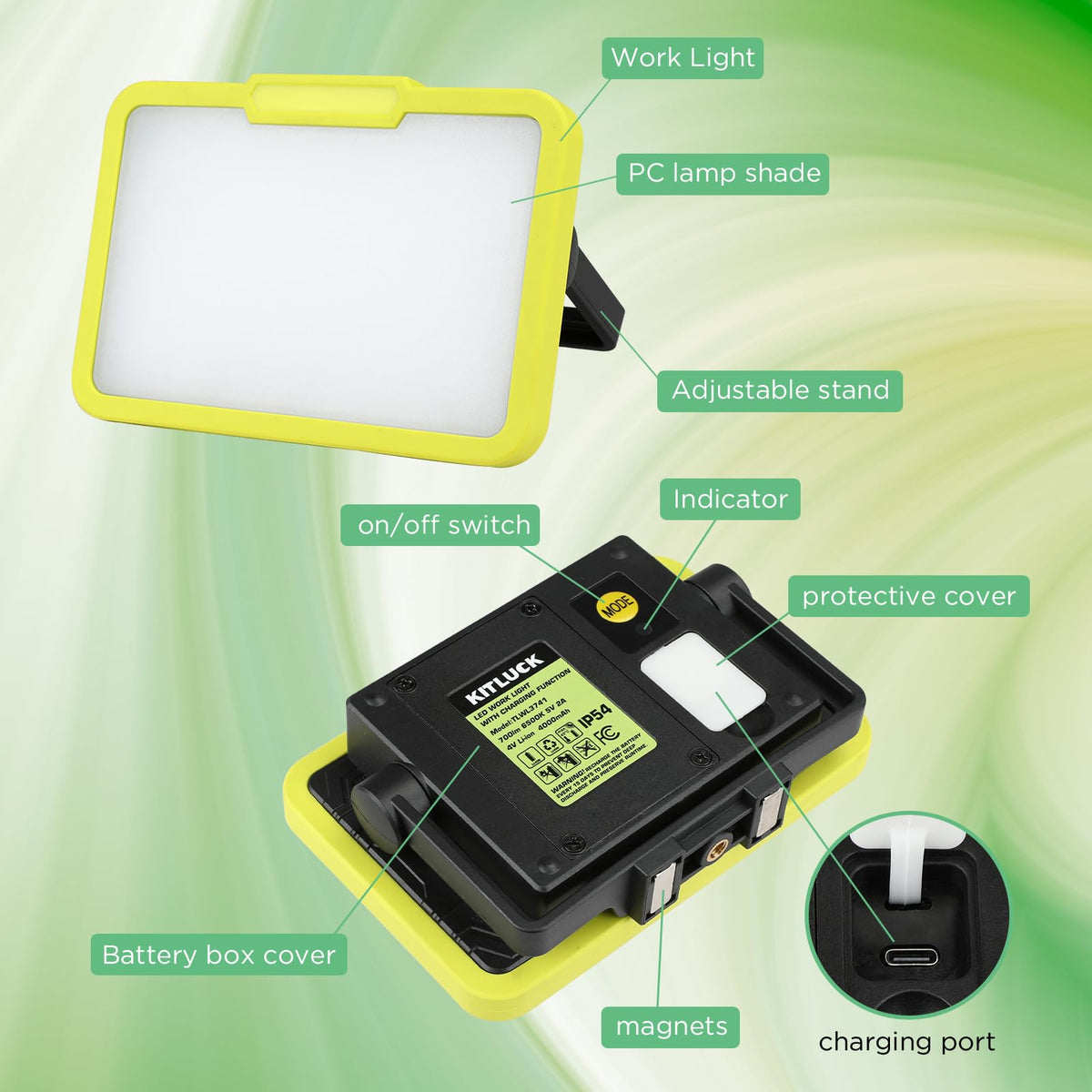 LED Work Light, Rechargeable, 700 LM Magnetic Portable Flood Light with Adjustable Stand, IP54 Waterproof, 3 Lighting Modes with Emergency SOS, 1Pack Y90678