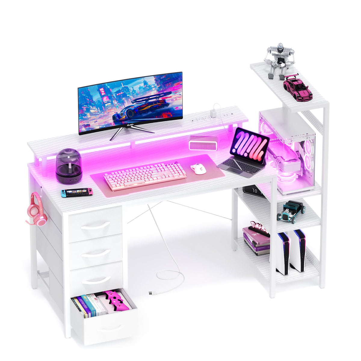 51 Inch White Gaming Desk with Drawers F3056