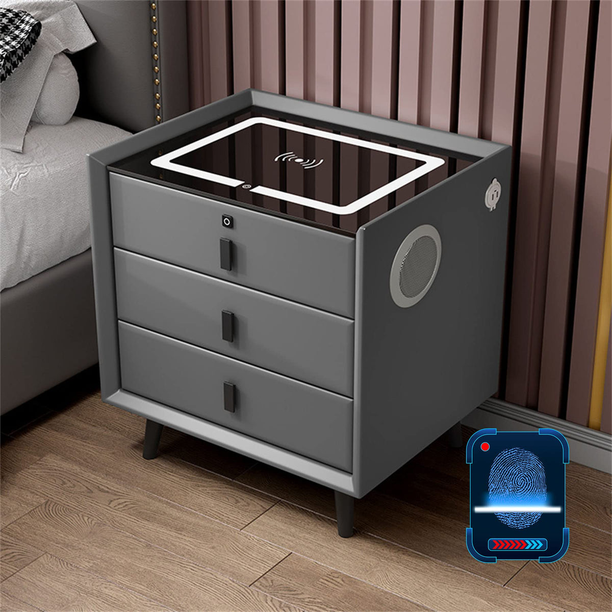Smart Bedroom Nightstand with Fingerprint Lock and LED Lights W3206