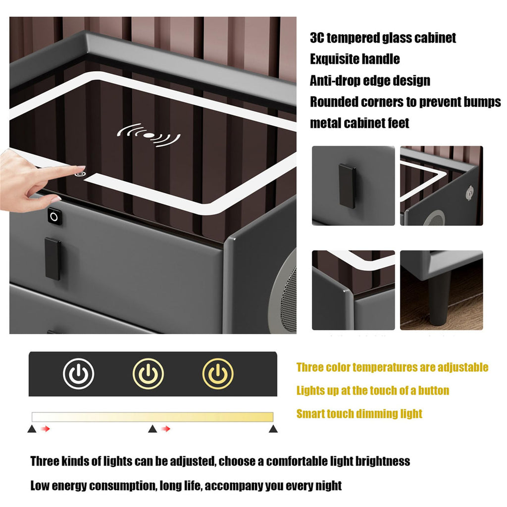 Smart Bedroom Nightstand with Fingerprint Lock and LED Lights W3206