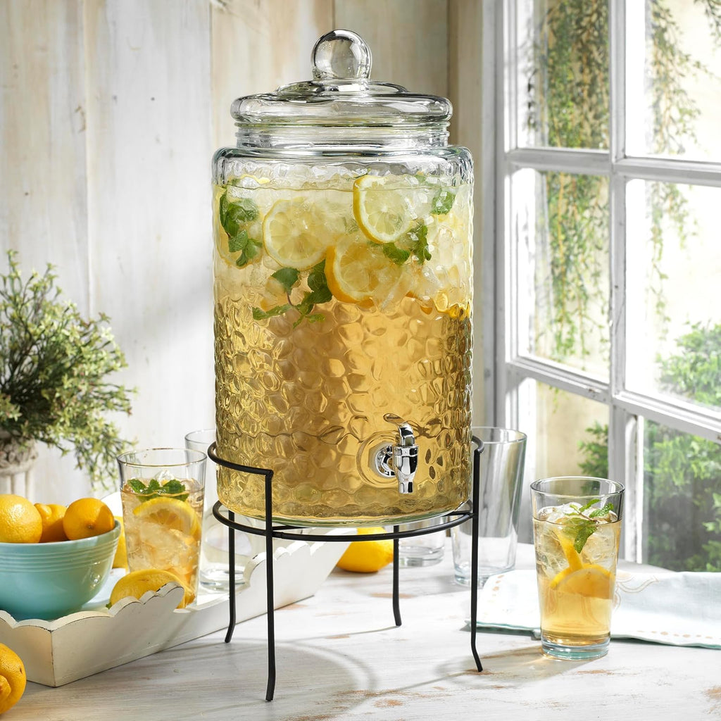 3 Gallon Glass Beverage Dispenser with Metal Stand & Lid L363