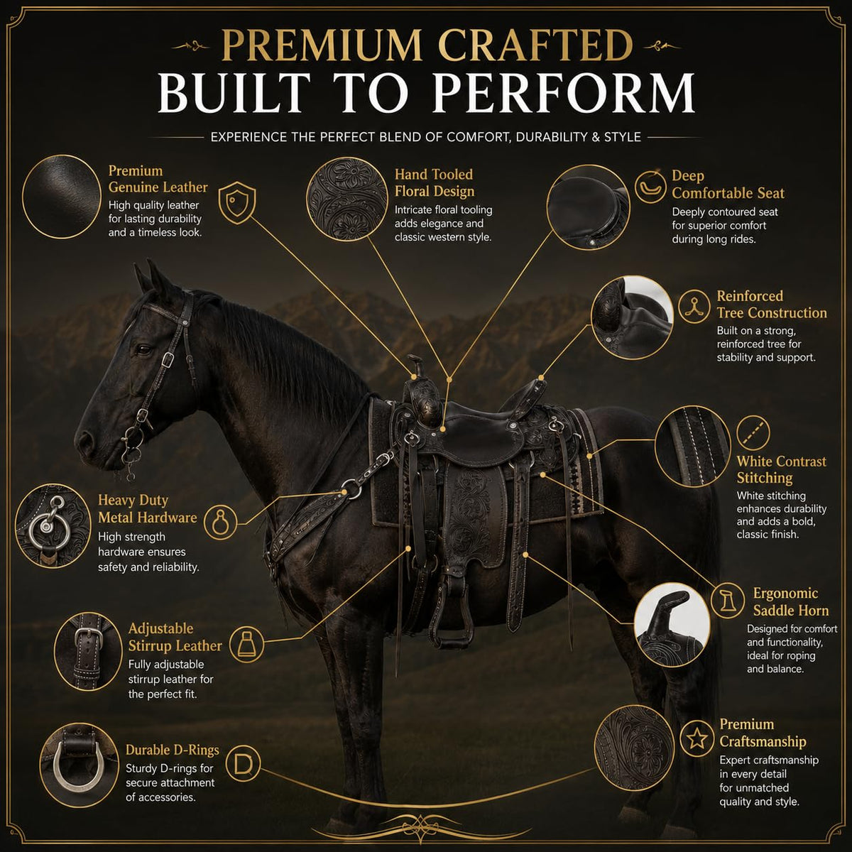 Black Floral Tooled Leather Western Saddles Combo Tack Set D415248