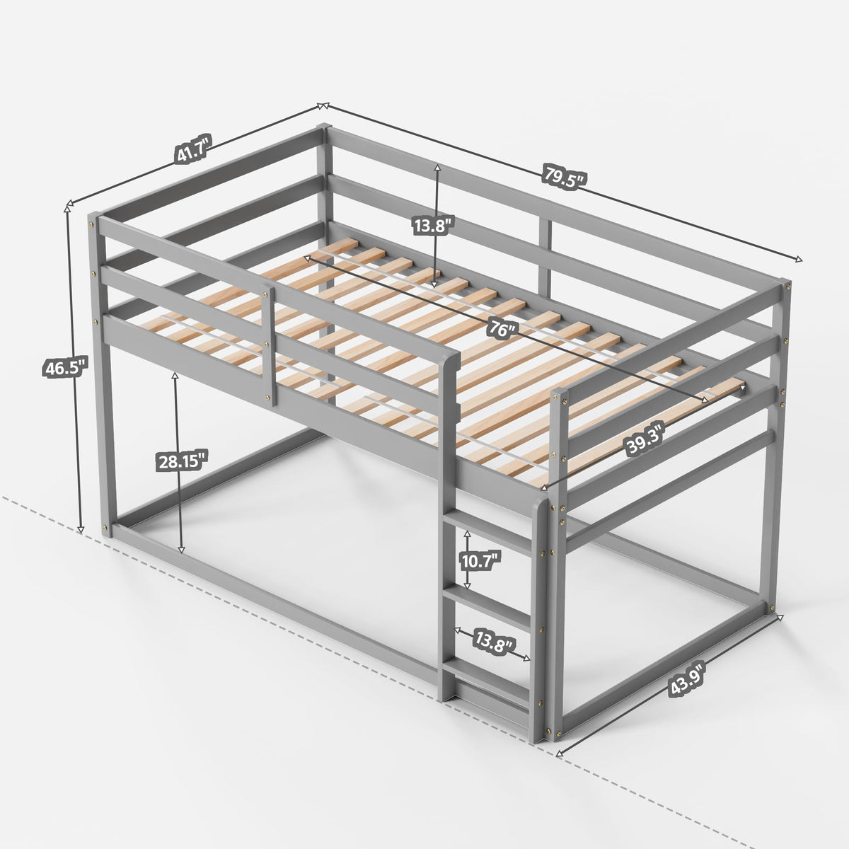 Low Twin Over Twin Wooden Bunk Bed with Ladder and Guardrails Q610992