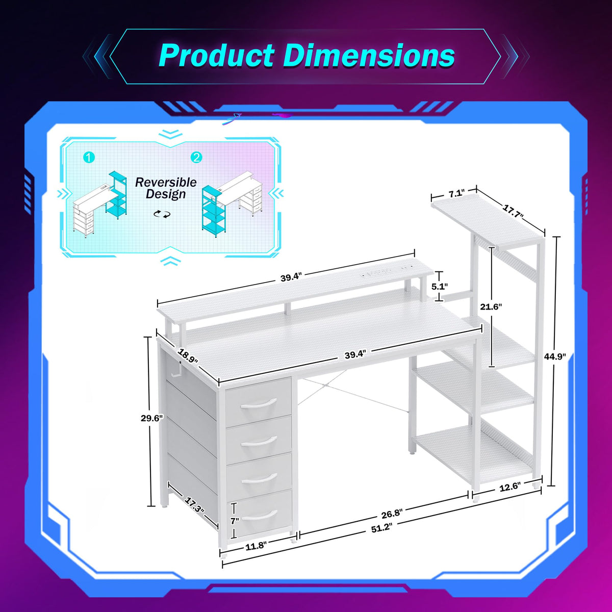 51 Inch White Gaming Desk with Drawers F3056