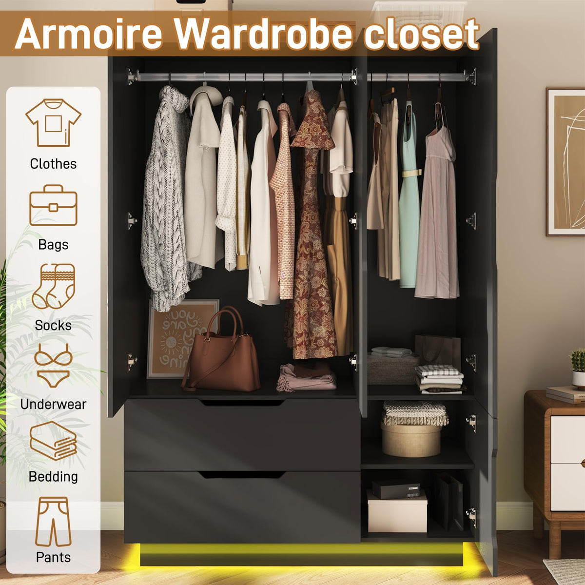 3 Doors Armoire Wardrobe Closet with Mirror, 2 Drawers, LED Light, Hanging Rod, Black T63186