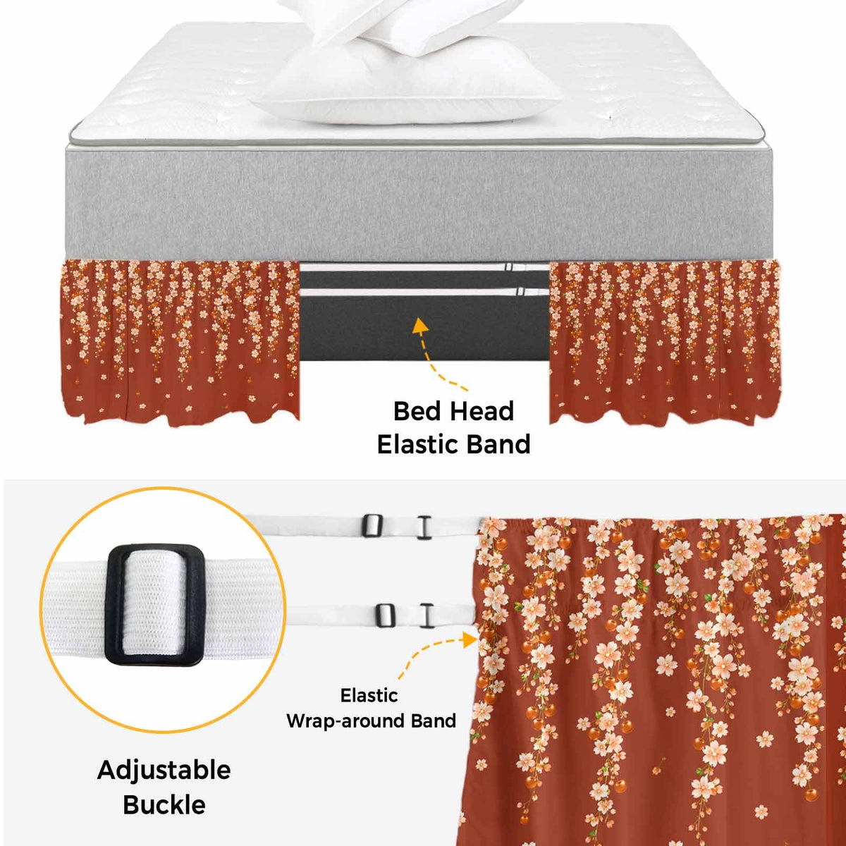 Brown Cherry Blossoms Ruffle Wrap Around Bed Skirt California King 18" Drop C8563