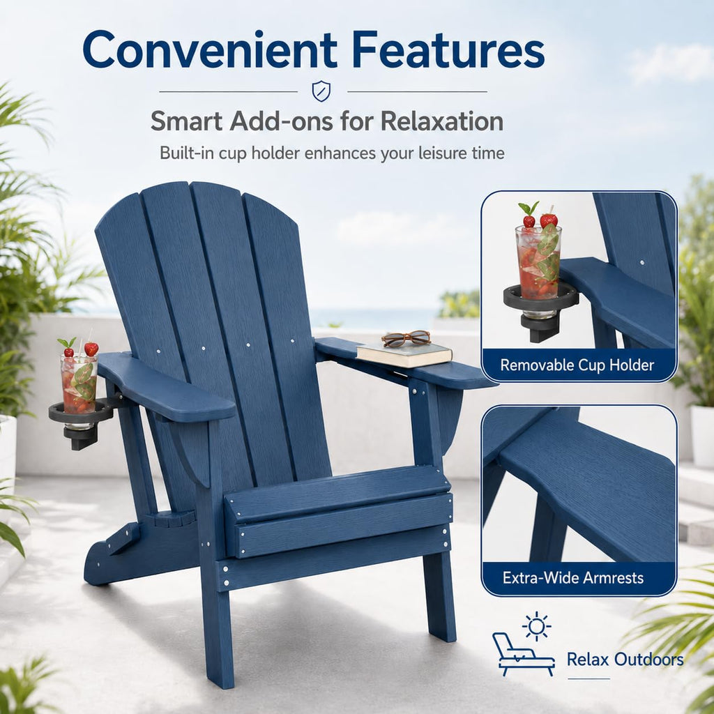 Folding Adirondack Chairs Set of 4 with Cup Holders, Heavy-Duty HDPE Plastic, Navy Blue X40522