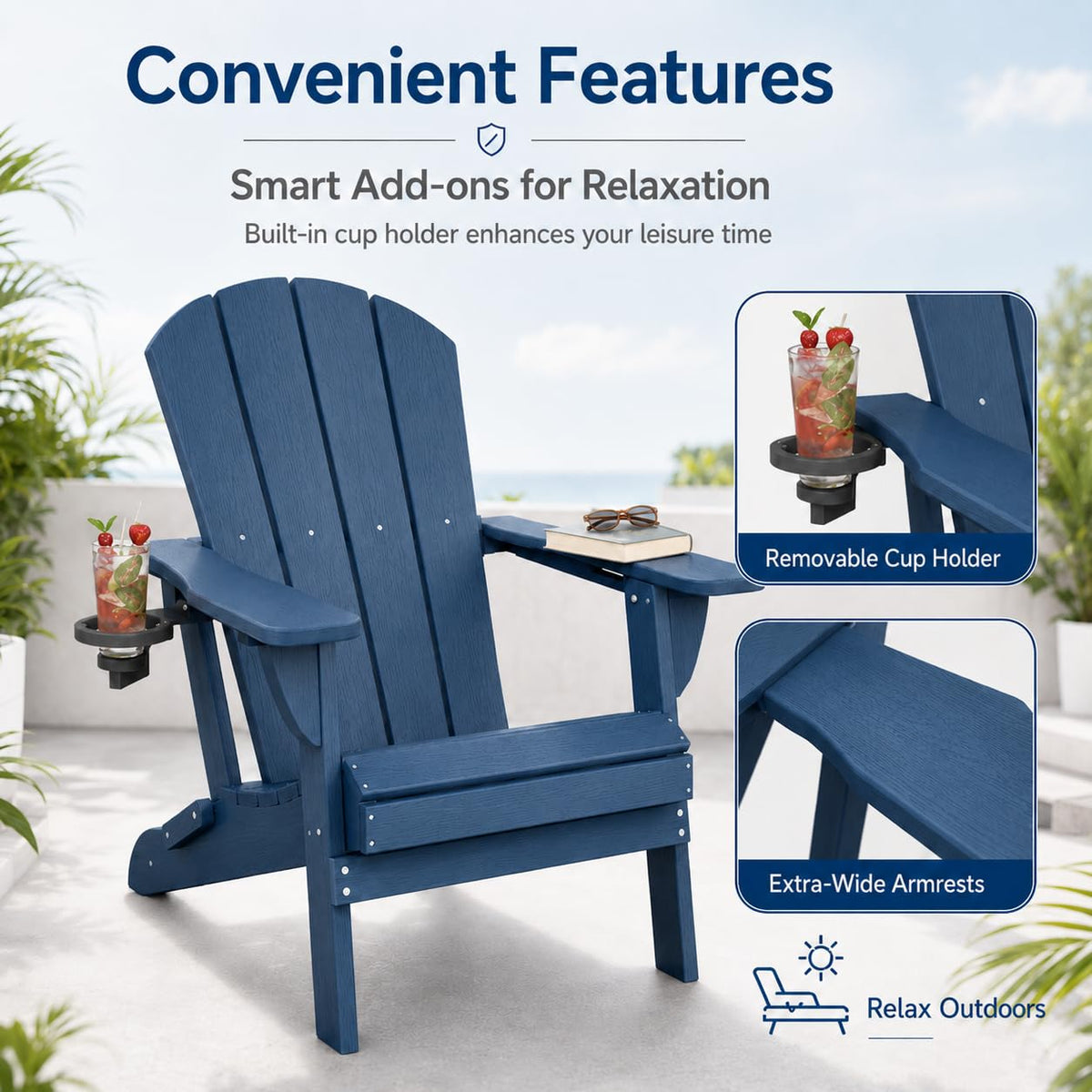 Folding Adirondack Chairs Set of 4 with Cup Holders, Heavy-Duty HDPE Plastic, Navy Blue X40522