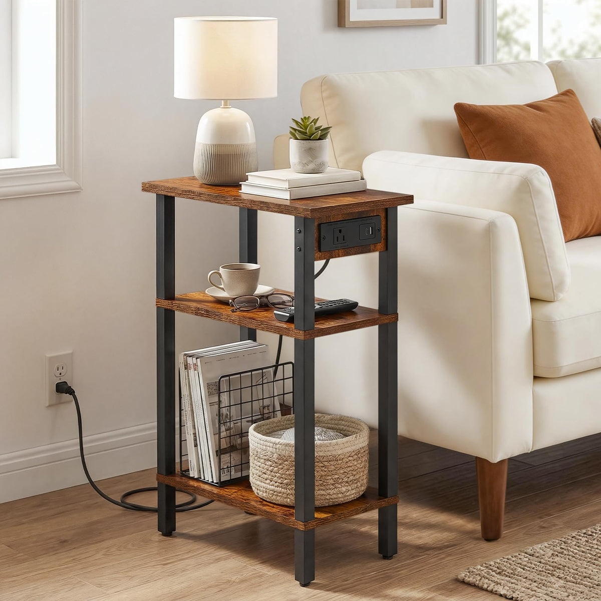 Narrow 3-Tier Side Table with Charging Station Y8924