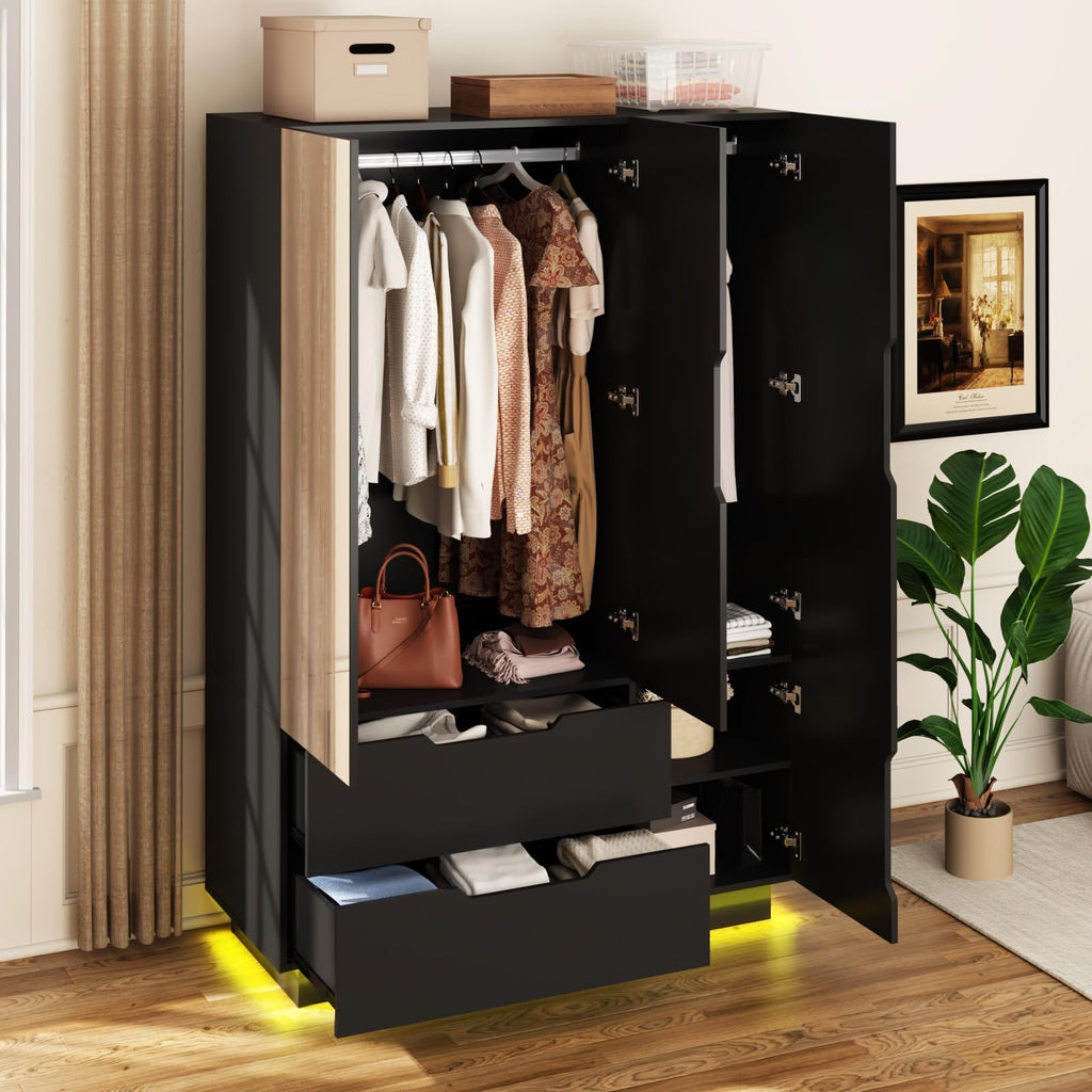 3 Doors Armoire Wardrobe Closet with Mirror, 2 Drawers, LED Light, Hanging Rod, Black T63186