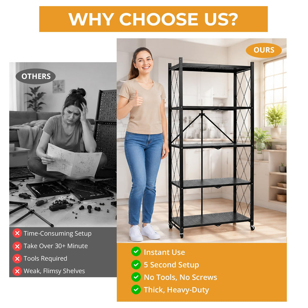 5 Tier Foldable Metal Storage Shelf with Wheels M4656