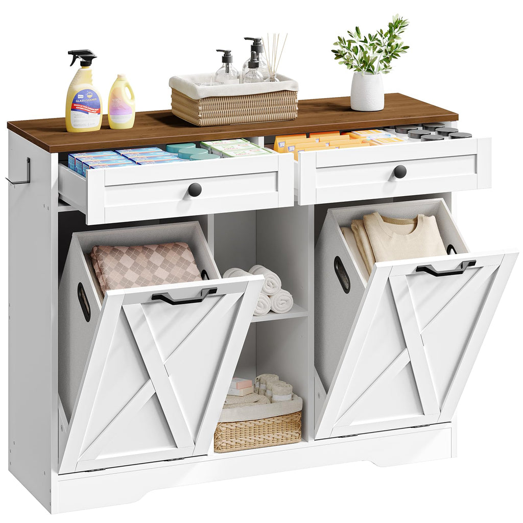 White and Walnut 23 Gallon Laundry Hamper Cabinet with 2 Drawers O12173
