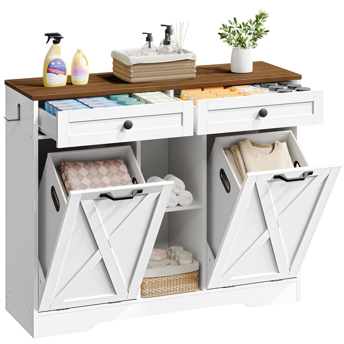 White and Walnut 23 Gallon Laundry Hamper Cabinet with 2 Drawers O12173