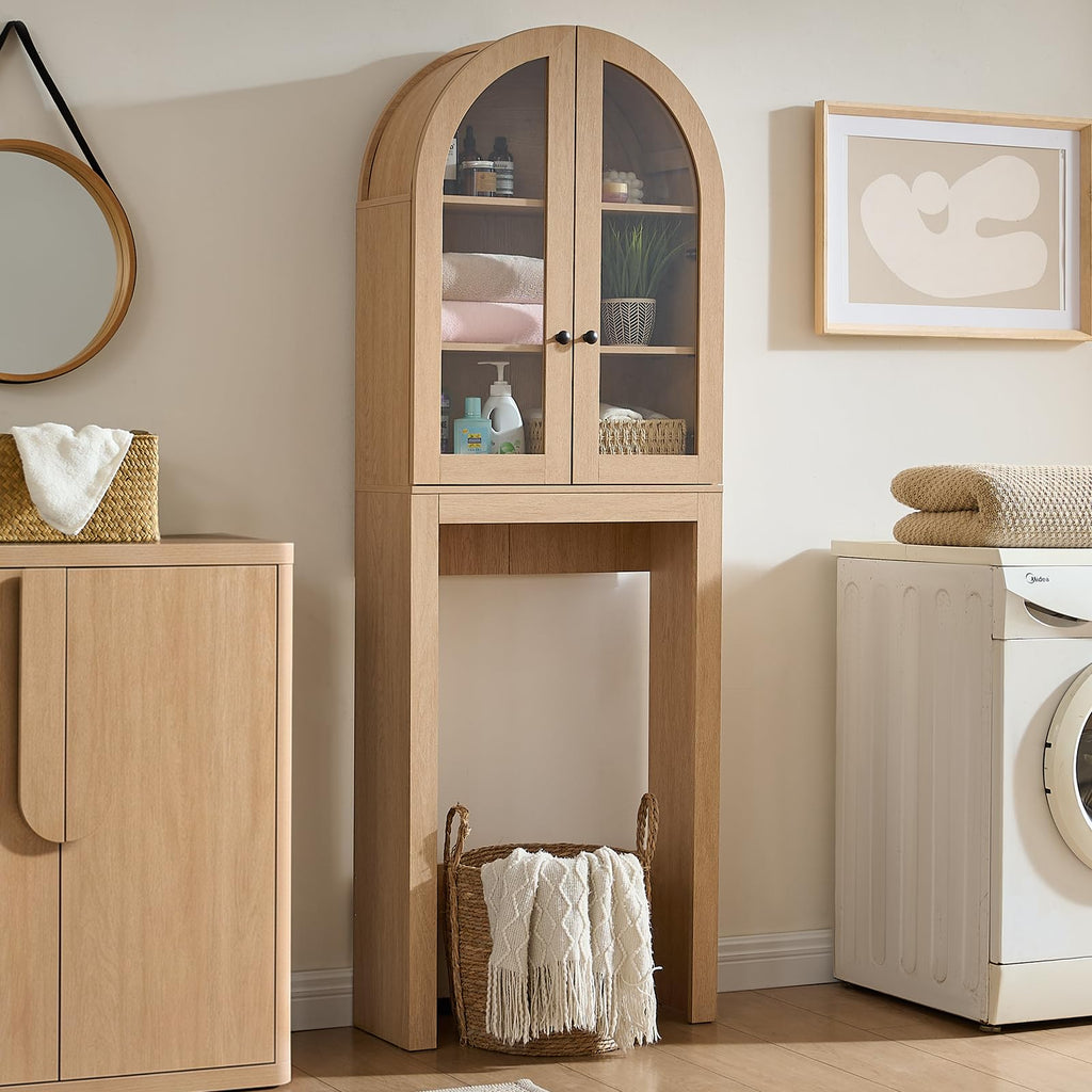 Arched Over The Toilet Storage Cabinet with Glass Doors, Natural Oak E43664