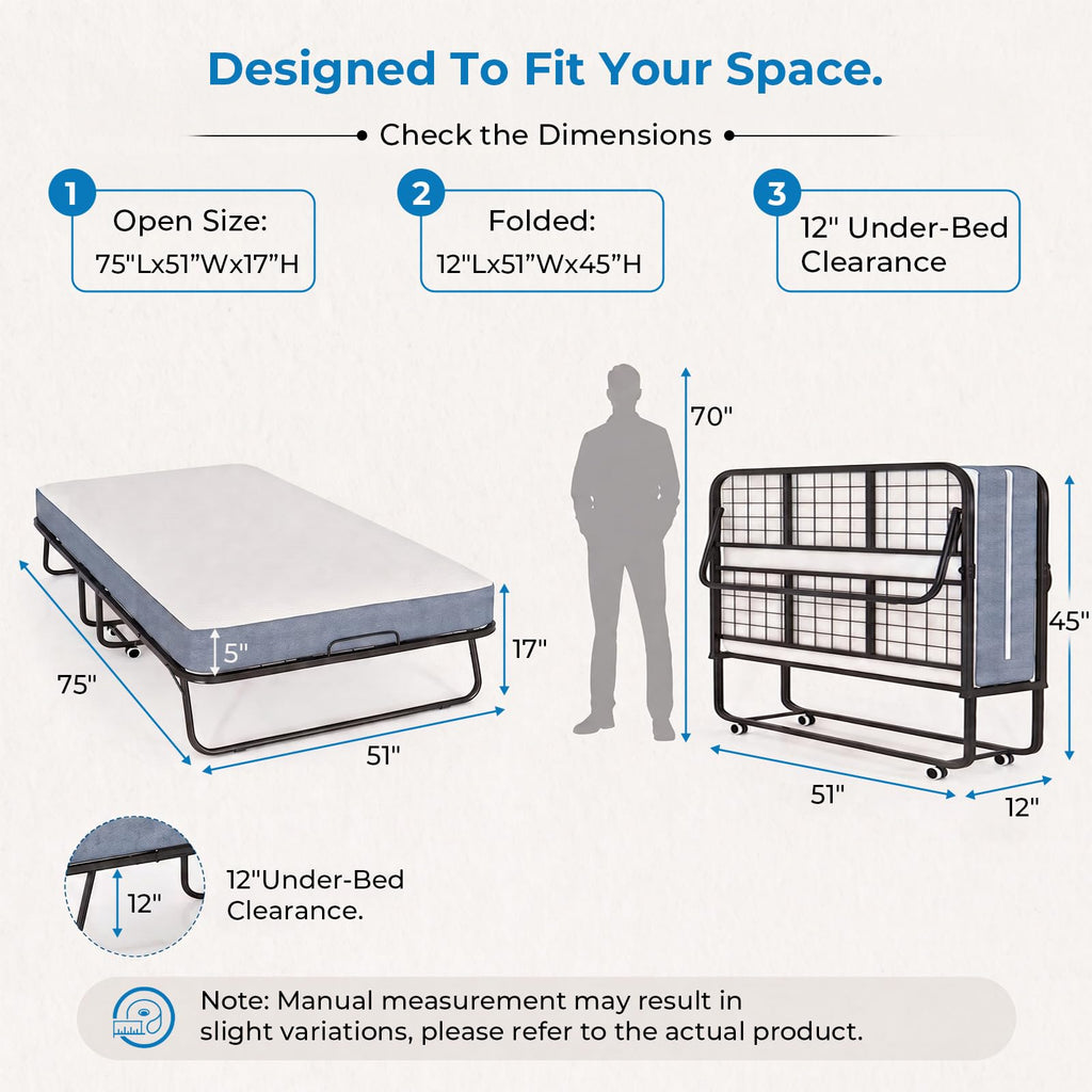 Folding Bed with 5" Foam Mattress Queen Size Metal Frame Y44022
