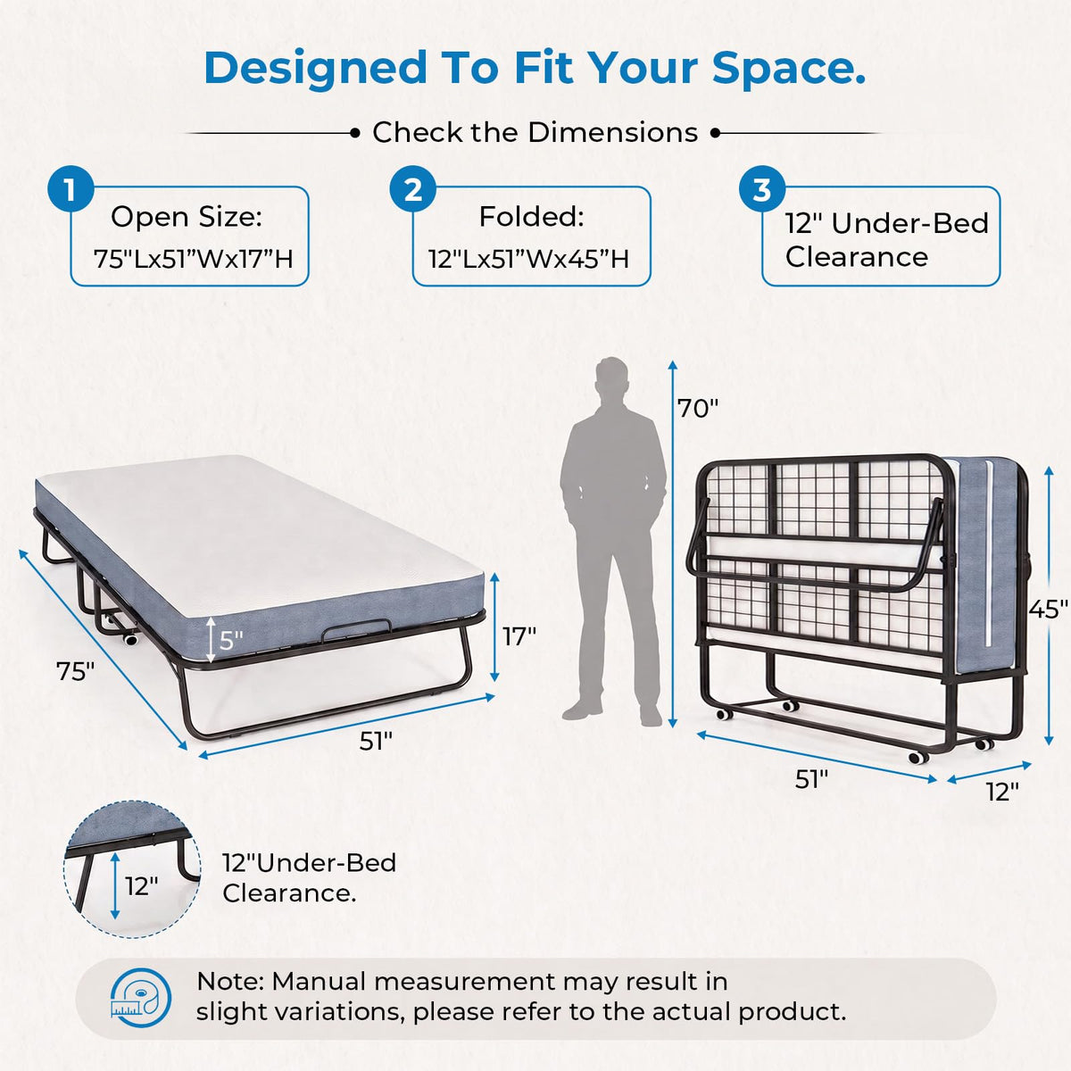 Folding Bed with 5" Foam Mattress Queen Size Metal Frame Y44022