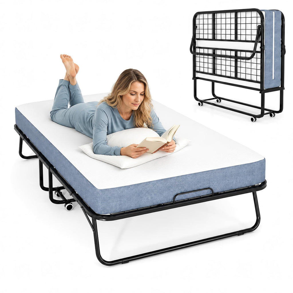 Folding Bed with 5" Foam Mattress Queen Size Metal Frame Y44022