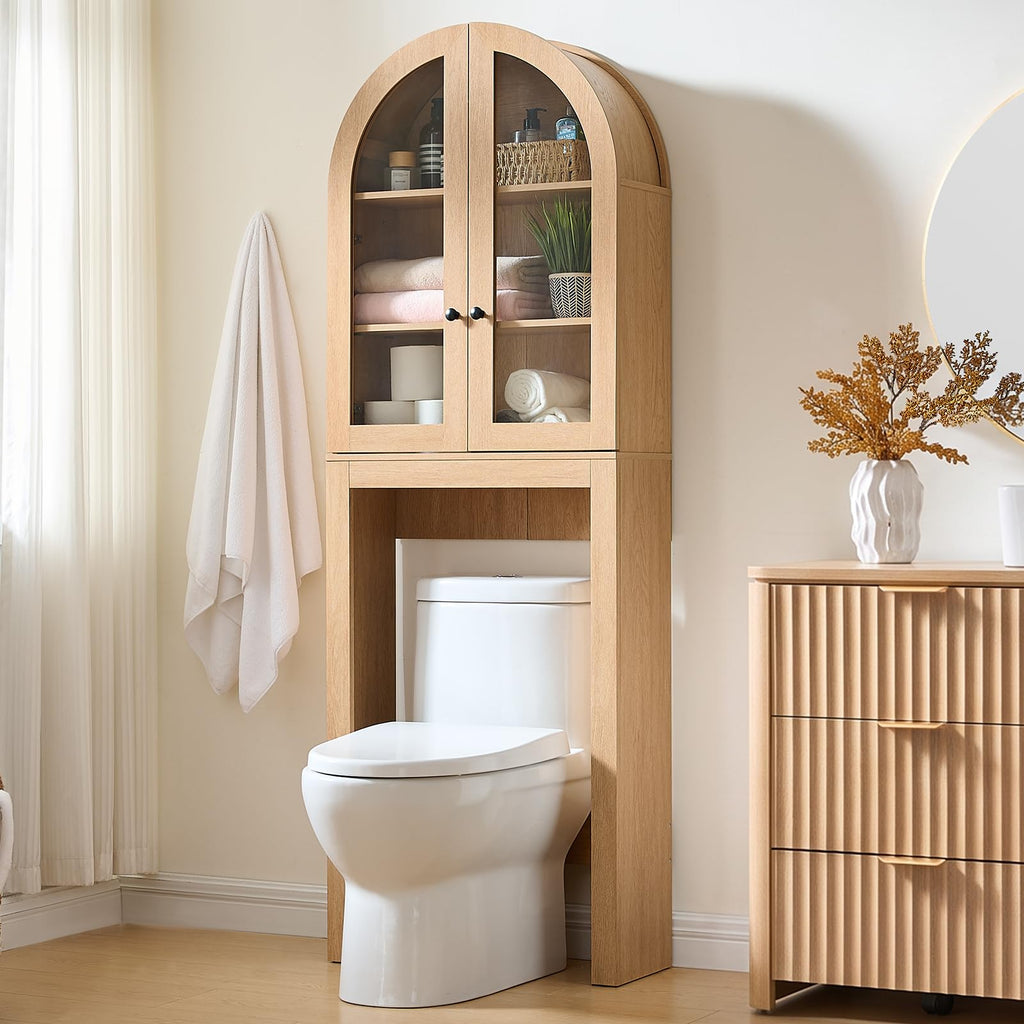 Arched Over The Toilet Storage Cabinet with Glass Doors, Natural Oak E43664