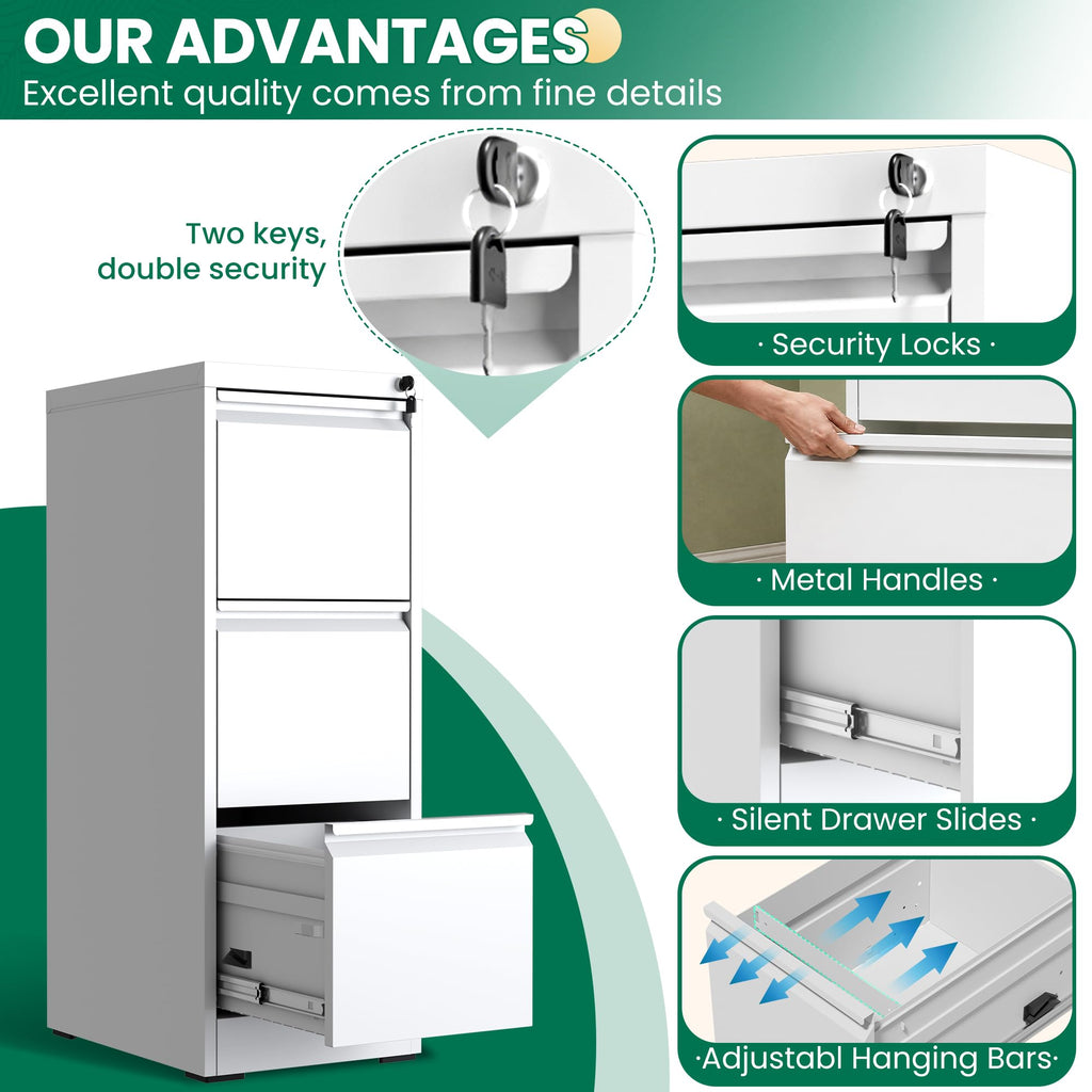 White 3 Drawer Metal File Cabinet with Lock T513311